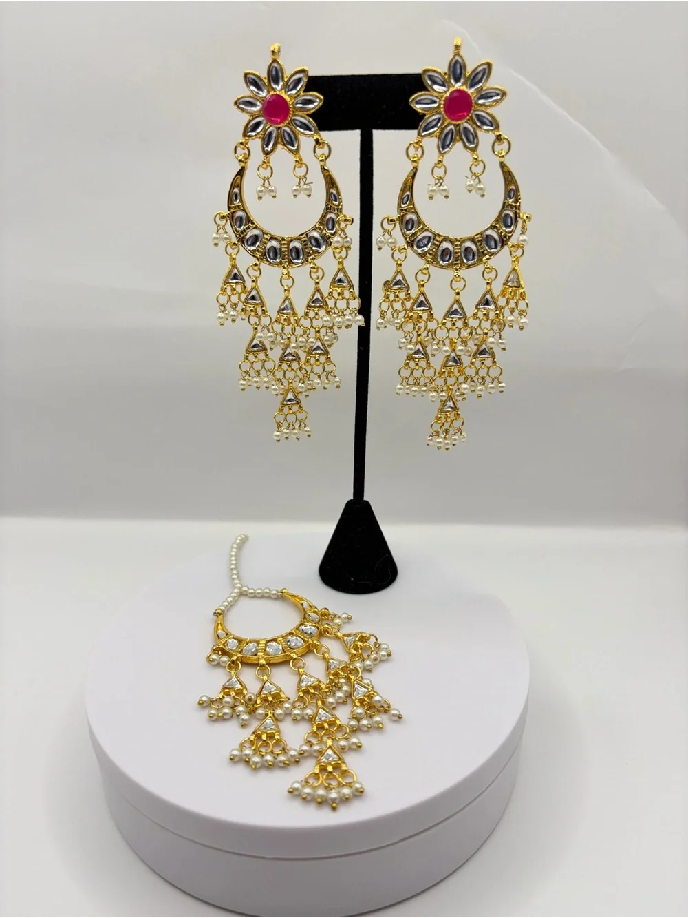 Gold-Tone Floral Chandbali Earrings and Tikka with Red Center and Pearl Drops